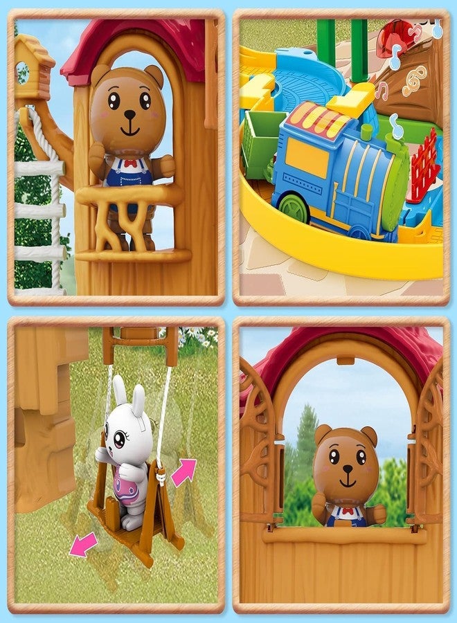Avarin Tree House Playset, Train Set Car Track Toys for Toddlers, DIY Forest Friends Pretend Playhouse with 2 Dolls Toy Figures, Train, Car Tracks, Swing, Sound & Light Function Toy House for Girl - Image 2
